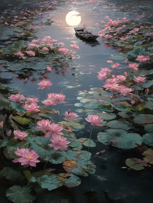 Lotus Lake Midnight Oil Painting