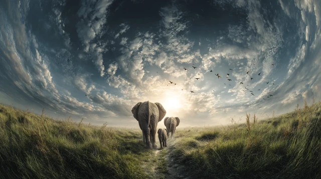Elephant Family on Grassland with Birds