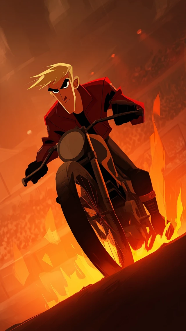Motorcycle Stuntman Through Fire Cartoon Style