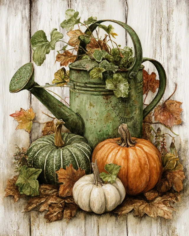Autumn Watercolor Watering Can Pumpkins Leaves