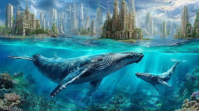 Sunken Coral City Whales Swimming Underwater