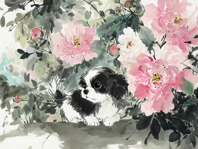 Chinese Watercolor: Dog with Peonies, Wu Guanzhong Style