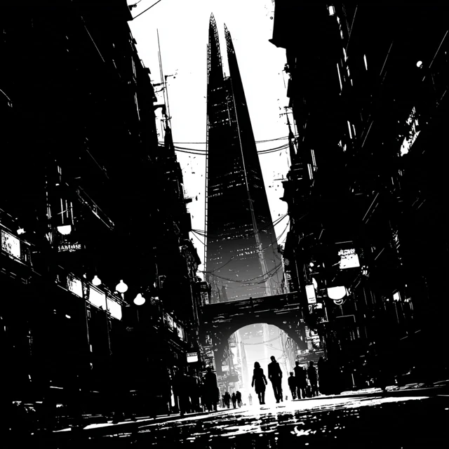 Cyberpunk London in Black and White Minimalism