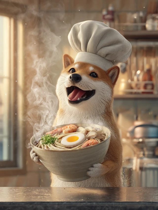Chef Shiba Inu Smiling with Udon Noodles