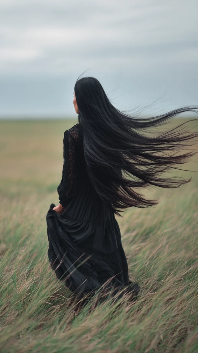 Woman with Flowing Black Hair on a Grassland