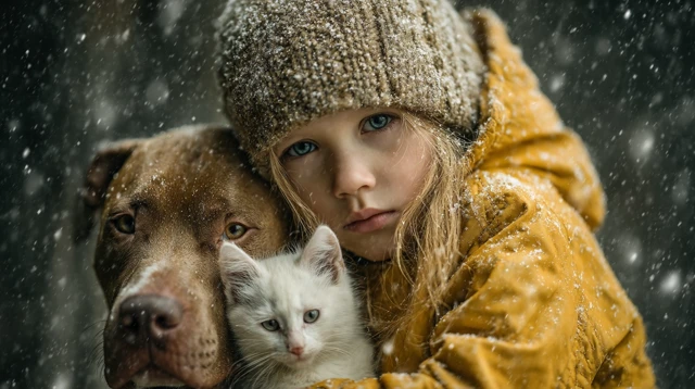 Girl Hugging Dog and Cat in Winter Scene