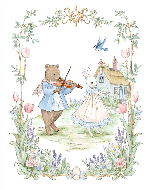 Childrens Book Cover Bear Rabbit Garden Cottage