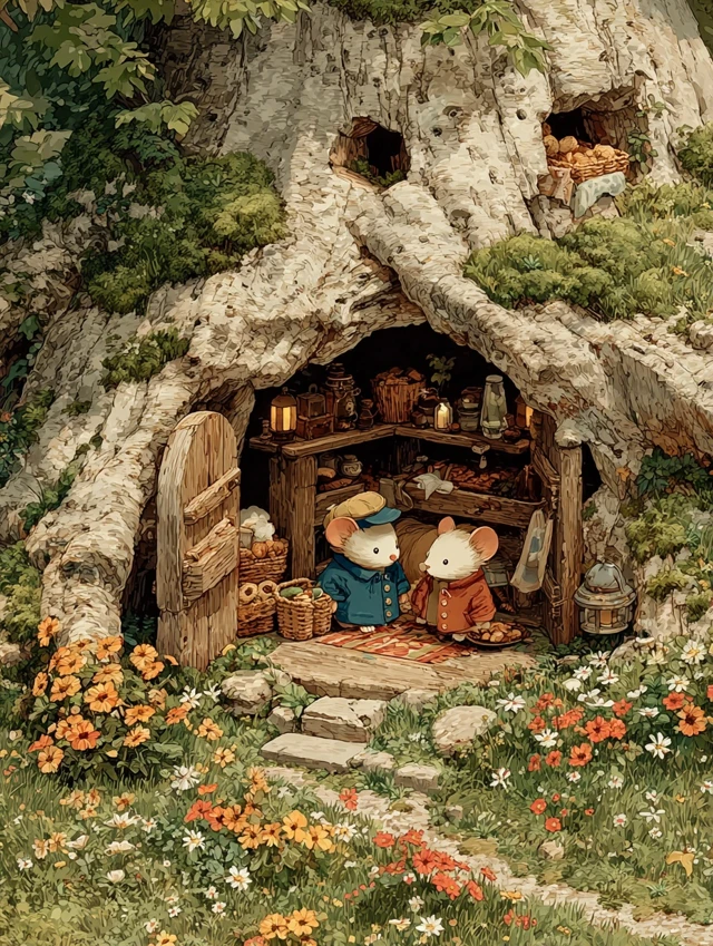 Cozy Mouse House in a Hollow Tree Storybook Illustration