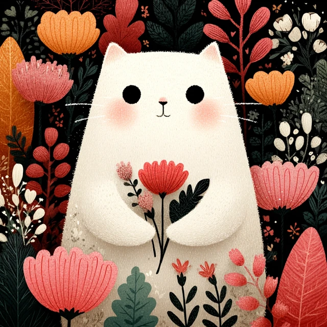 Cute Cartoon Cat with Flowers in a Spring Backdrop