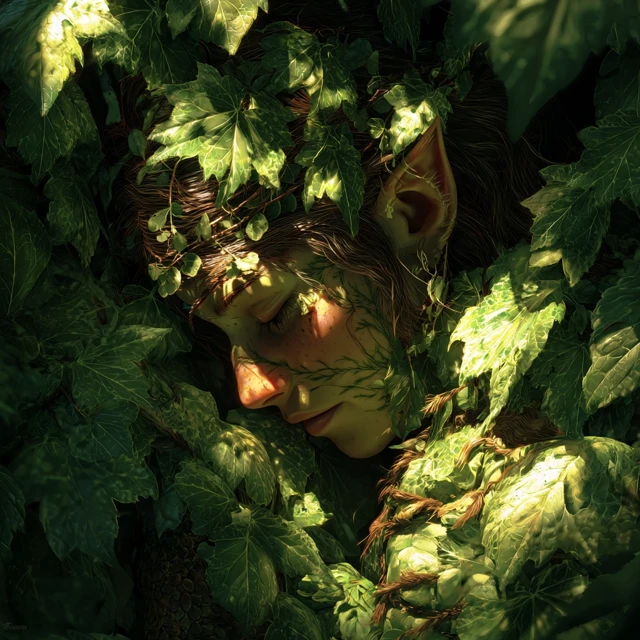 Fantasy Elf Hiding in Leaves Digital Art