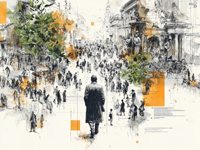 Man in Crowded Street Black and White Sketch Art