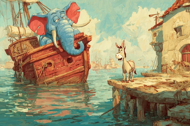 Cartoon Elephant on Sinking Ship