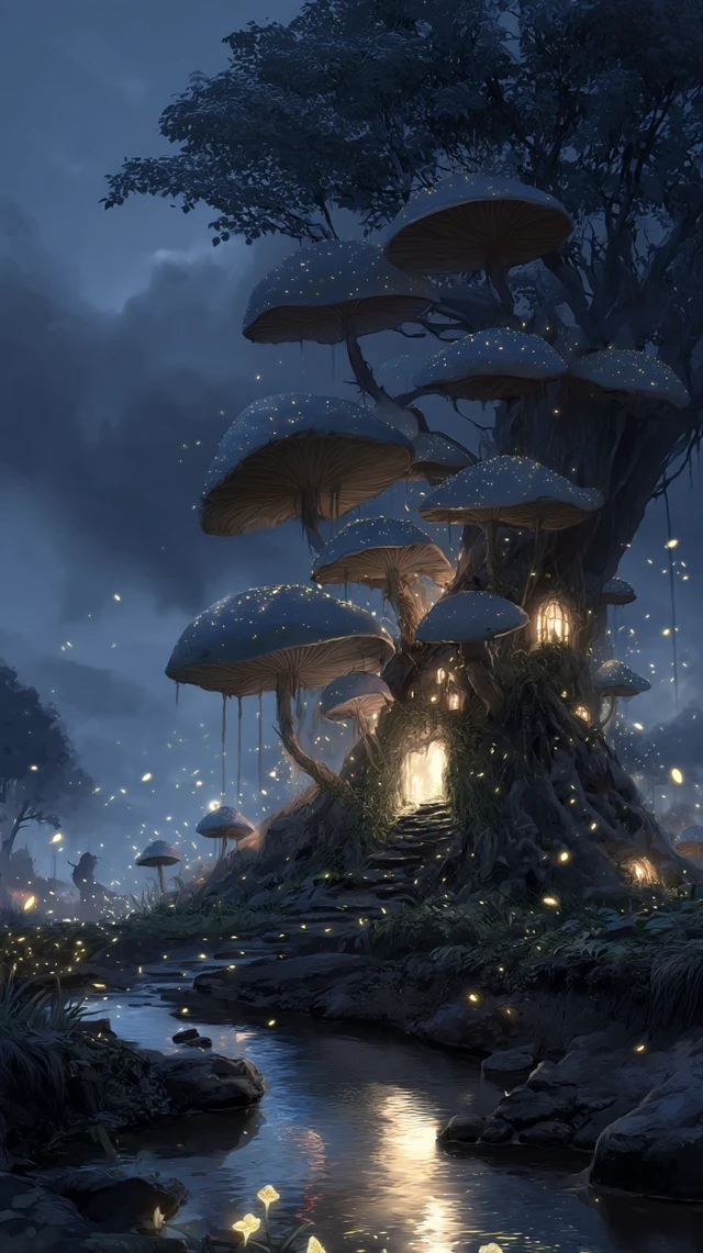 Mysterious Mushroom Castle at Dusk Fantasy Art