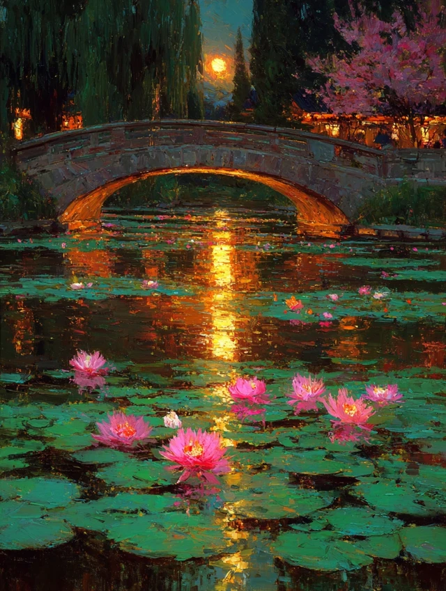 Impressionist Sunset Bridge Oil Painting