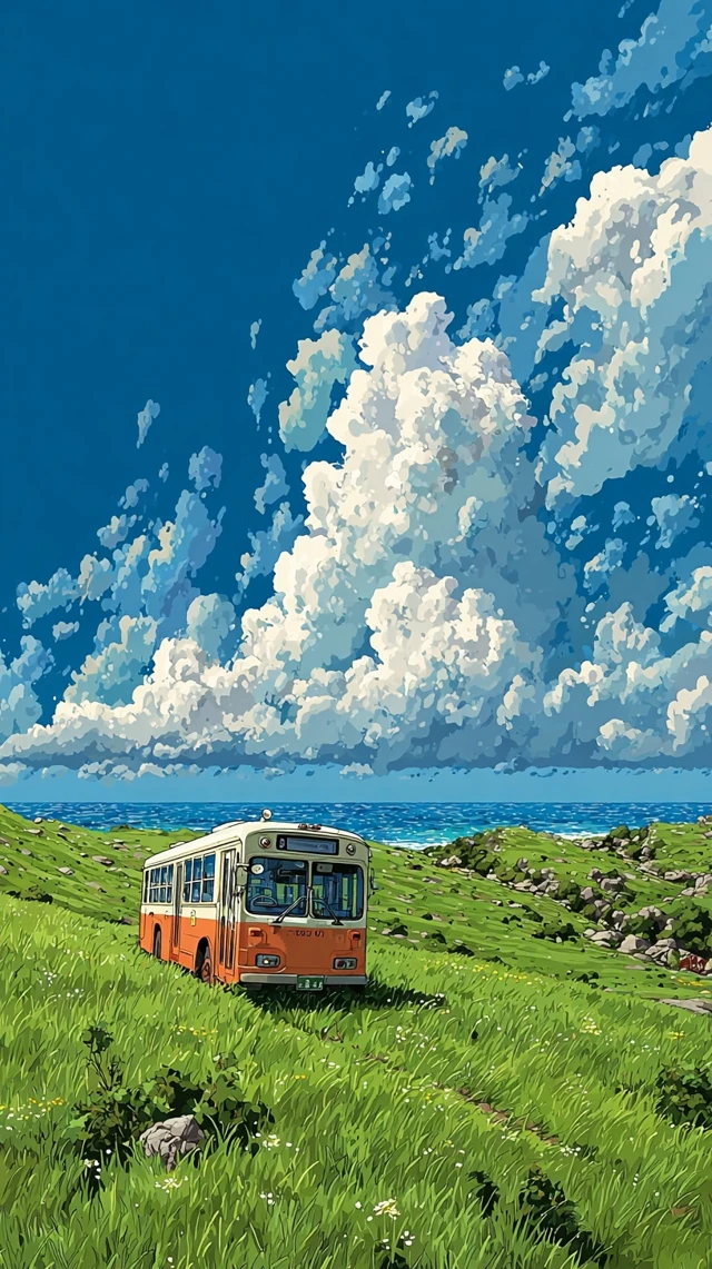 Anime Bus in a Green Field Tranquil Landscape