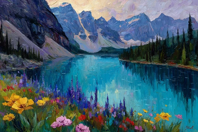 Moraine Lake Painting in Raoul Dufy Style