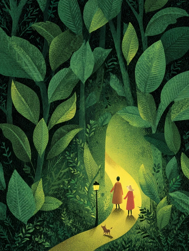 Enchanted Forest Illustration Dreamy Walk at Night