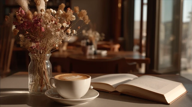 Cozy Cafe Scene Latte Book Dried Flowers