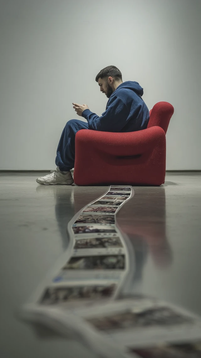 Man in Blue Hoodie on Red Chair iPhone Photo