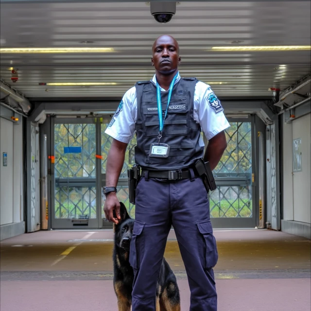 Security Guard with K9 German Shepherd at Entrance