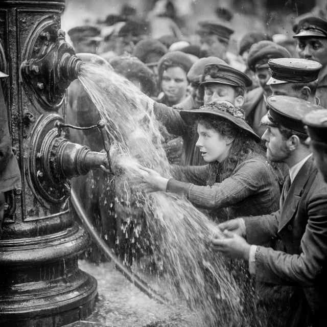 Vintage Fire Brigade Spraying Crowd Photo