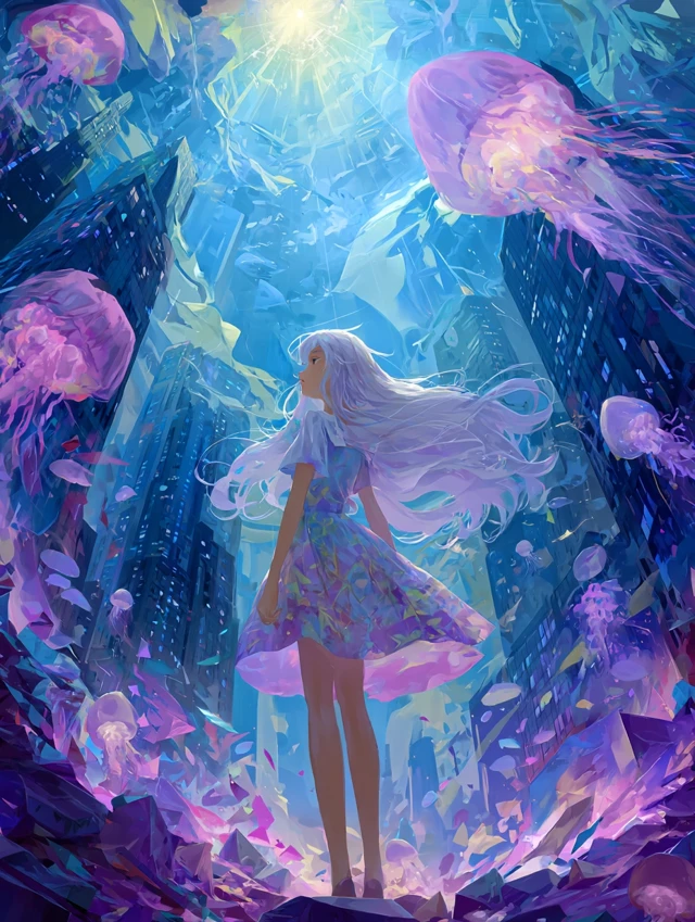 Anime Girl in Dreamscape Jellyfish Painting