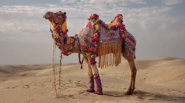 Decorated Camel in Desert Landscape
