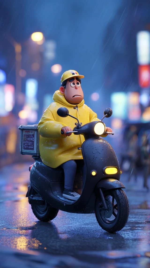 Rainy Evening Korean Delivery Man Pixar 3D