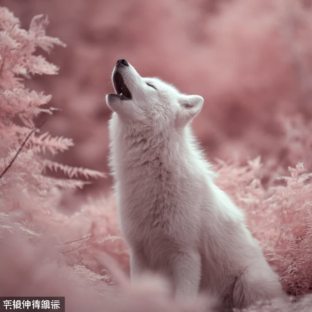 Howling White Wolf Cub Isolated on Pink