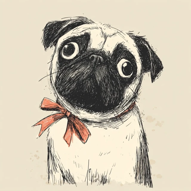 Pug Drawing with Bow Adorable Simple Illustration