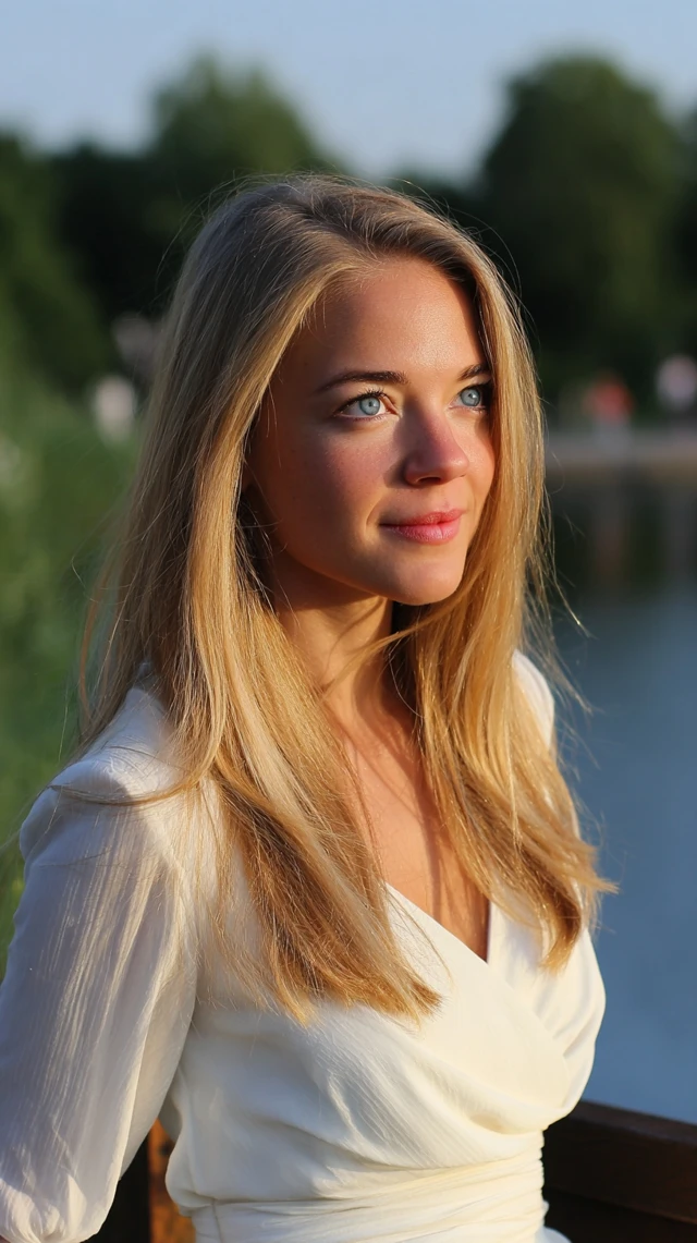 Blonde Woman in White Dress on Bridge Over Lake