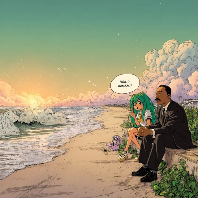 MLK on Beach with Anime Girl Thought Bubble