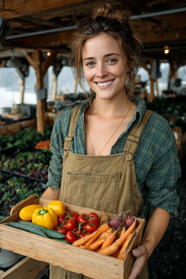 Happy Woman Gardener with Fresh Vegetables