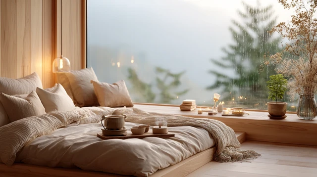 Cozy Bedroom with Rain Views Zen Ambiance