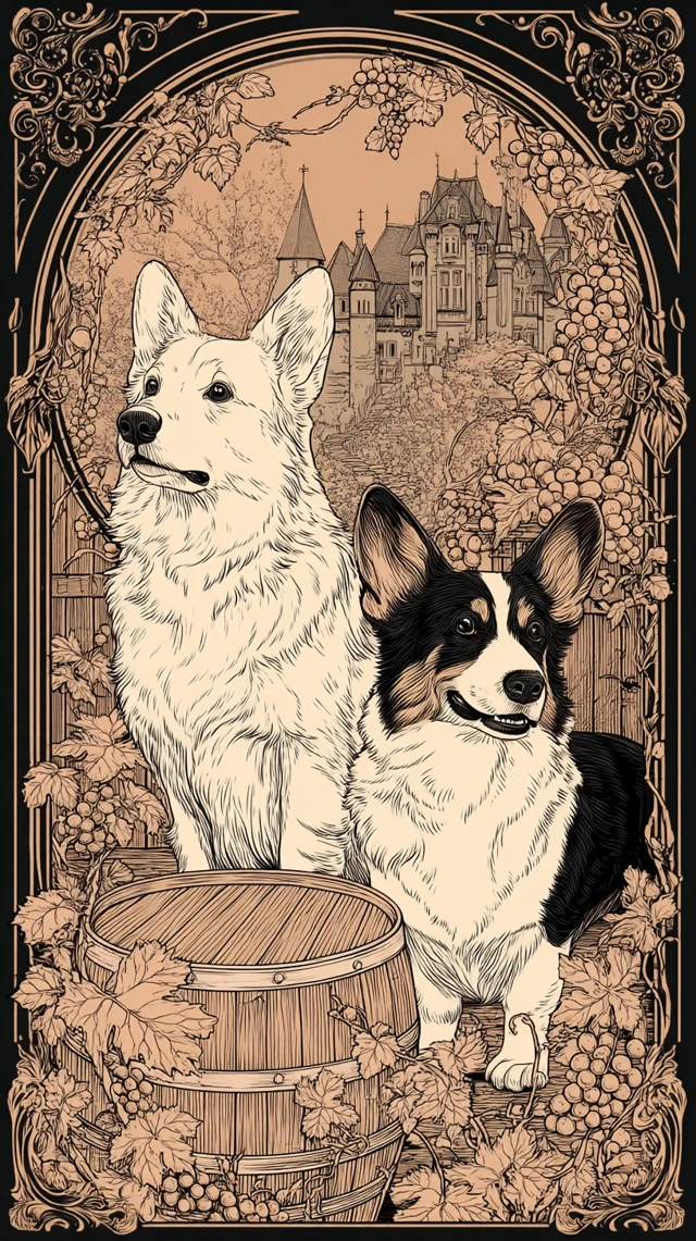 Dog Wine Label Art Nouveau Style