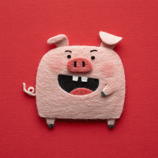 Mischievous Pig Wool Felt Illustration