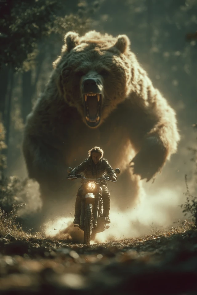 Man on Moped Escaping Bear in Forest