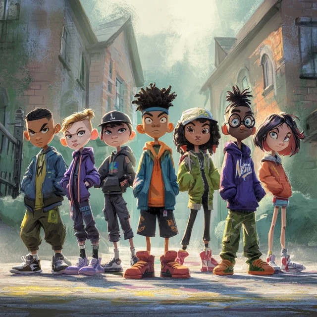 Animated Kids Group Pose 90s Cartoon Style