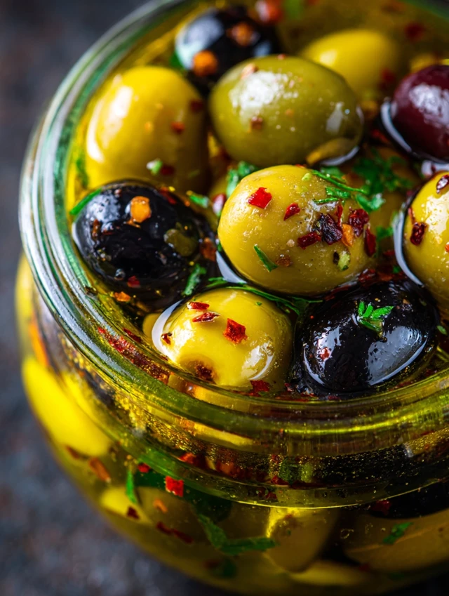 Marinated Olives in Jar Close Up Food Photography