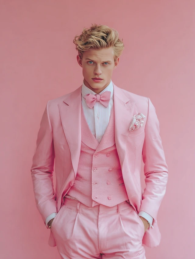 Elegant Man in Pink Suit Vogue Fashion Editorial