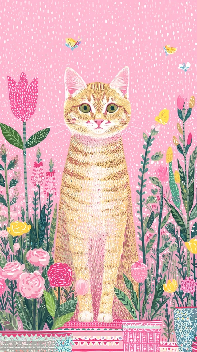 Happy Tabby Cat Folk Art Illustration