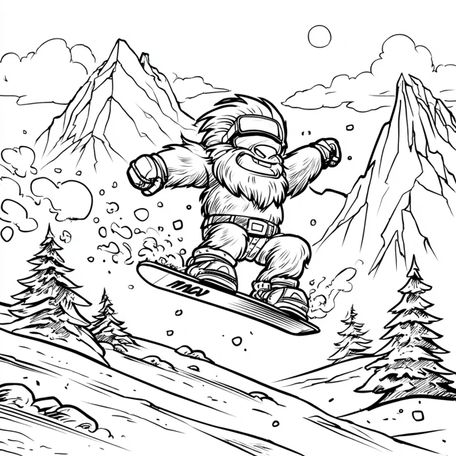 Yeti Snowboarding Coloring Page For Kids