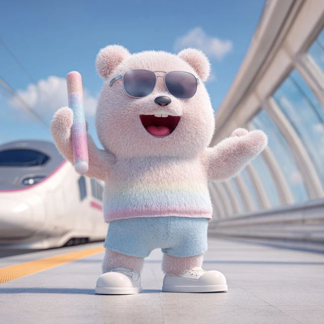 Fluffy Bear Character At Train Station 3D Illustration