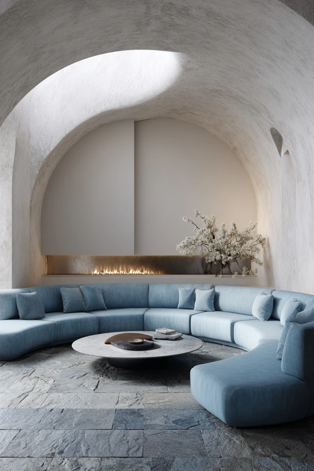Japandi Living Room Design Sky Blue Sofa Vaulted Ceiling