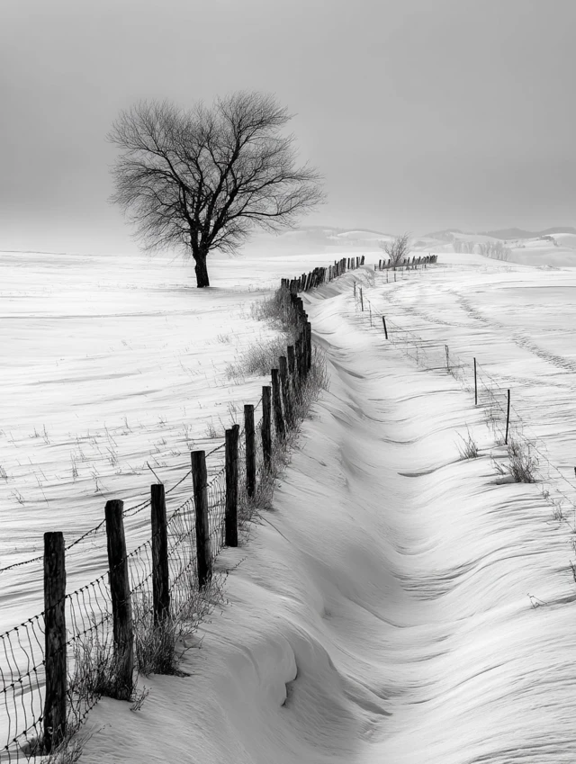 Black and White Winter Scene with Fence and Tree