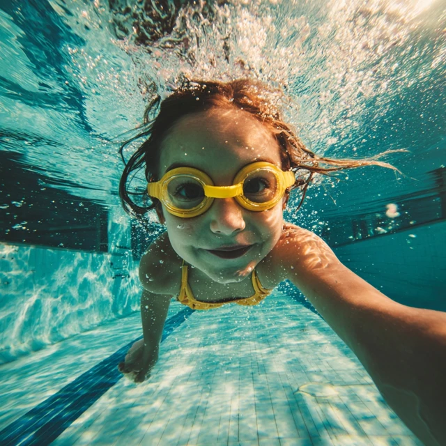 Underwater Photo Child in Yellow Goggles Swimming