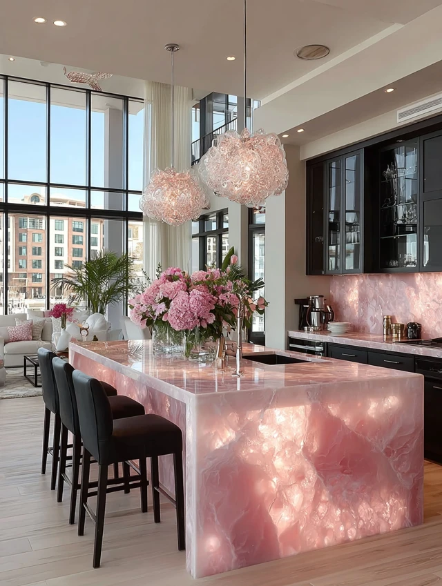 Luxury Pink Kitchen Island with Chandelier Design