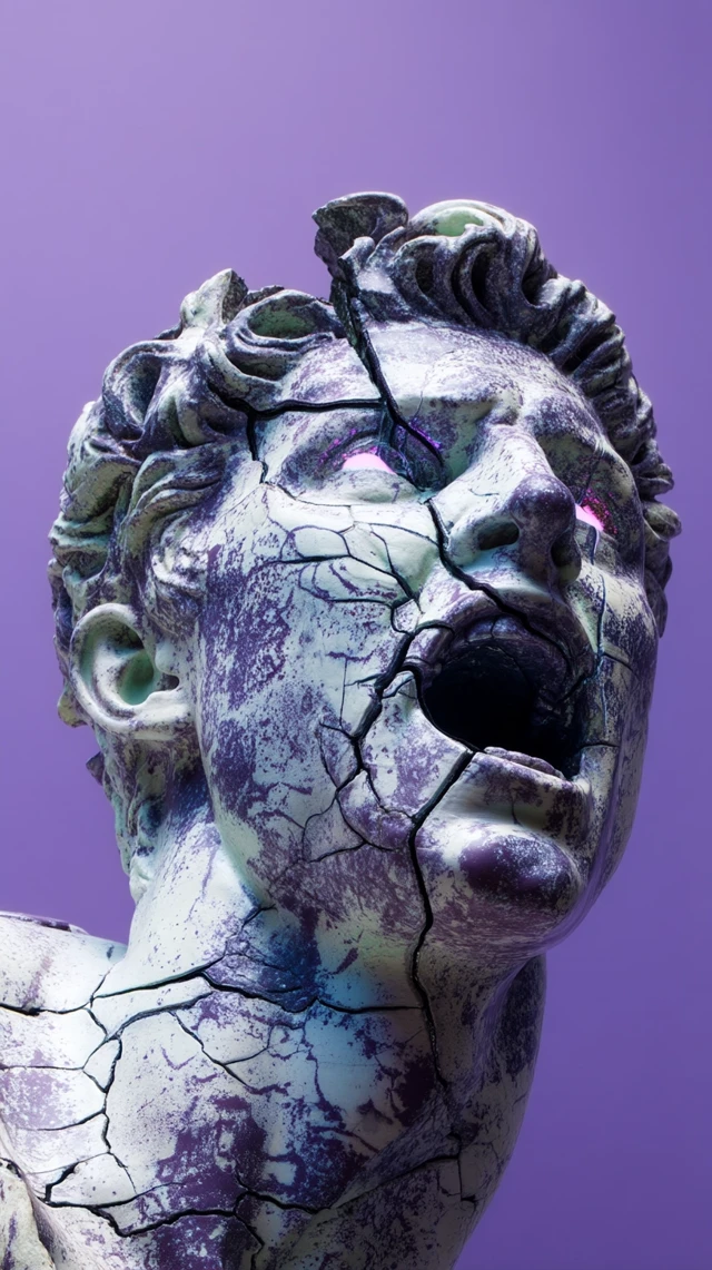 Broken Marble Statue of Man with Violet Splatter
