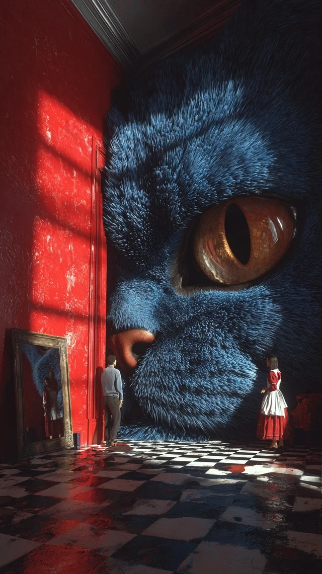 Giant Blue Cat Surrealist Interior Scene
