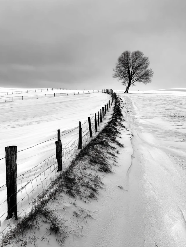 Black and White Winter Scene with Fence and Tree